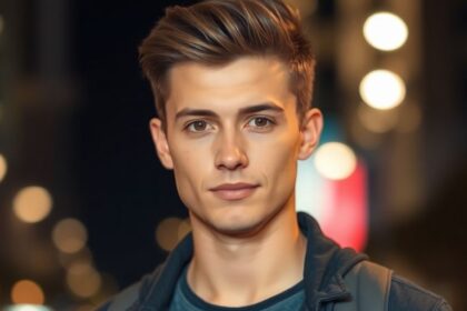 Young man confidently poses against a blurred city backdrop.