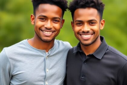 Patrick Jackson and his twin brother smiling outdoors.