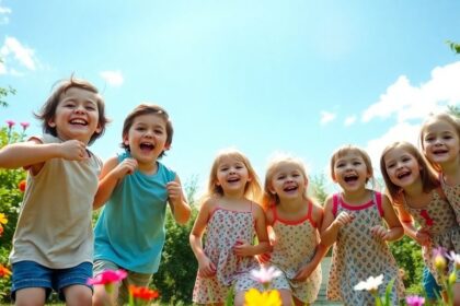 A group of joyful children playing in a sunny garden.