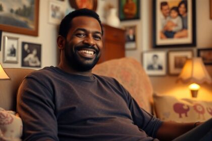 Randy Moss smiling at home in a cozy environment.