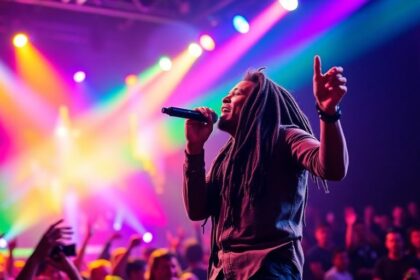 Reggae musician performing on stage with colorful lights.