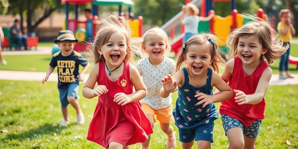 Children playing joyfully in a sunny park setting.