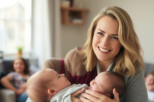 Kate Chastain smiling with her baby in a cozy setting.