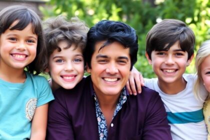 Elvis Presley's grandchildren smiling together outdoors.
