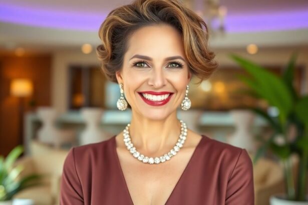Ilona Maher smiling in an elegant outfit, luxurious background.
