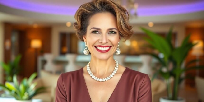 Ilona Maher smiling in an elegant outfit, luxurious background.