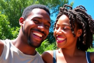 Shannon Sharpe with his girlfriend smiling outdoors together.
