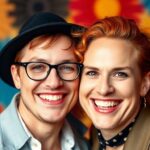Jinkx Monsoon smiling with her husband in colorful attire.