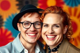 Jinkx Monsoon smiling with her husband in colorful attire.
