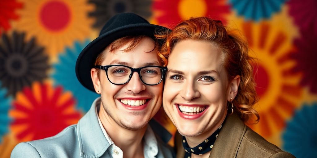 Jinkx Monsoon smiling with her husband in colorful attire.