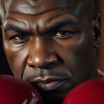 Close-up of Mike Tyson in boxing gloves, serious expression.