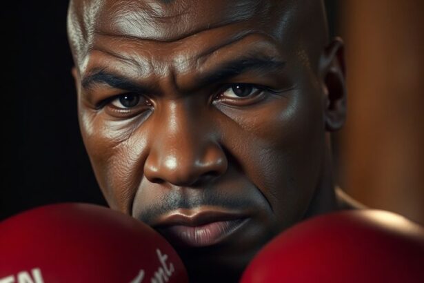 Close-up of Mike Tyson in boxing gloves, serious expression.