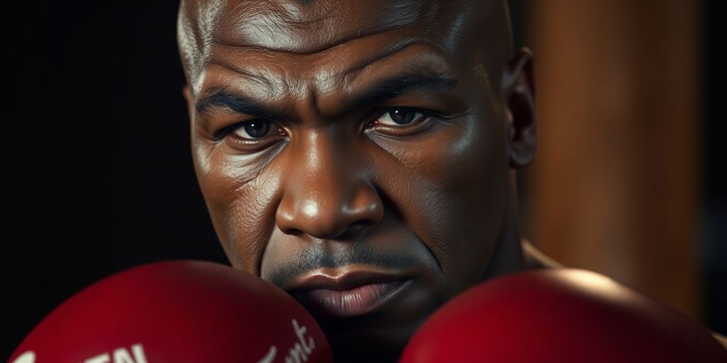 Close-up of Mike Tyson in boxing gloves, serious expression.