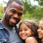 50 Cent smiling with his children outdoors.