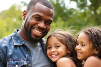 50 Cent smiling with his children outdoors.