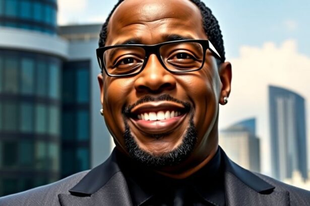 Diddy portrait in a stylish suit against city skyline.