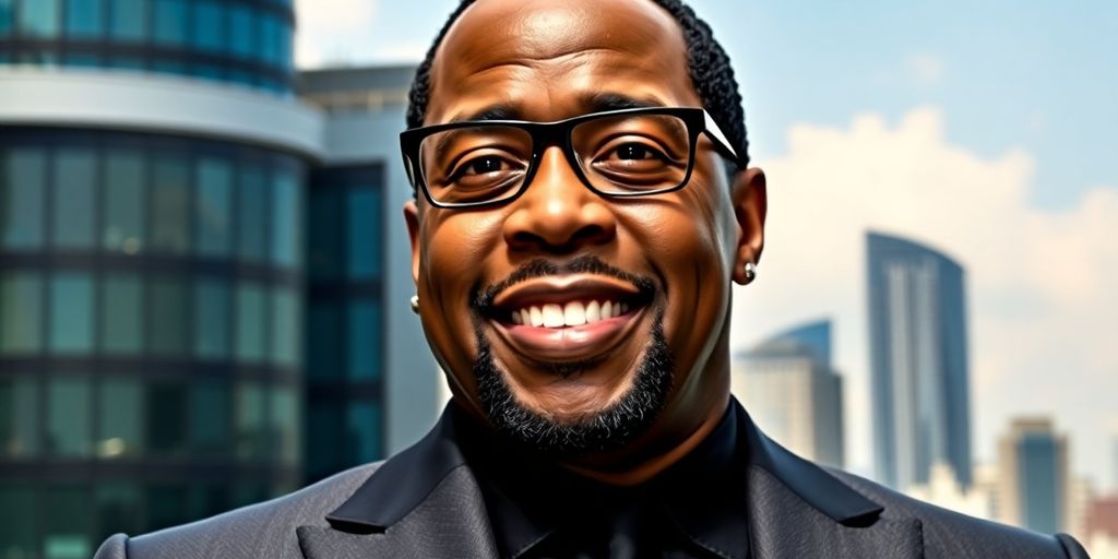 Diddy portrait in a stylish suit against city skyline.