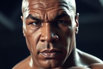 Mike Tyson portrait with intense expression and muscular build.