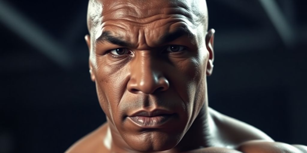 Mike Tyson portrait with intense expression and muscular build.