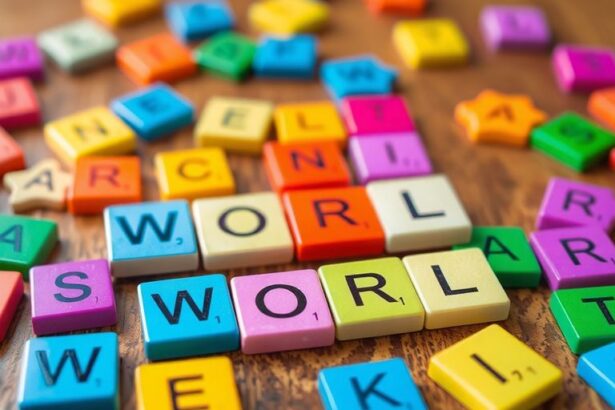 Colorful Wordle game tiles on a wooden table.