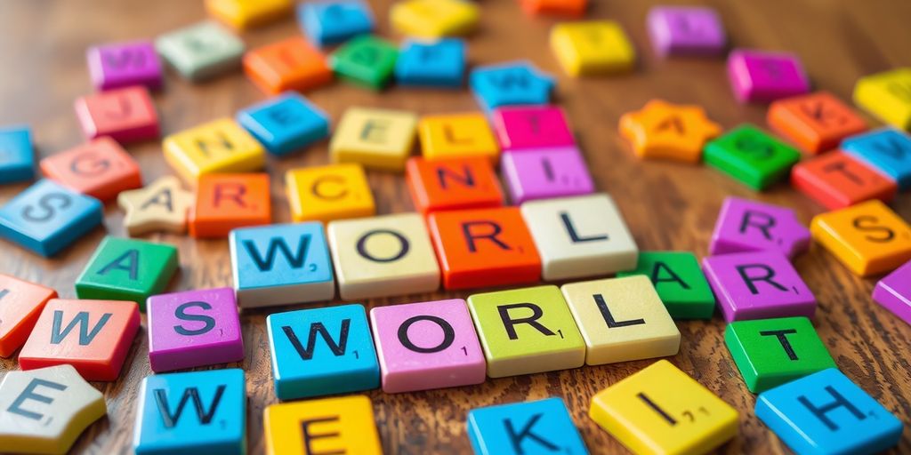 Colorful Wordle game tiles on a wooden table.