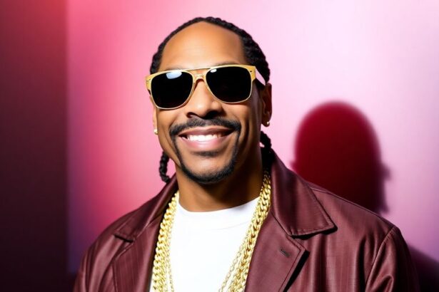 Snoop Dogg in stylish attire, smiling with sunglasses.