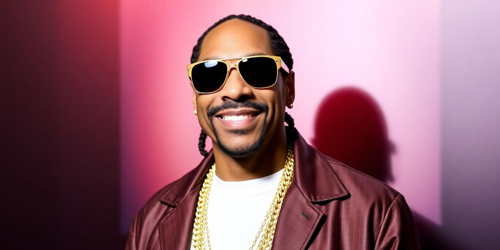 Snoop Dogg in stylish attire, smiling with sunglasses.