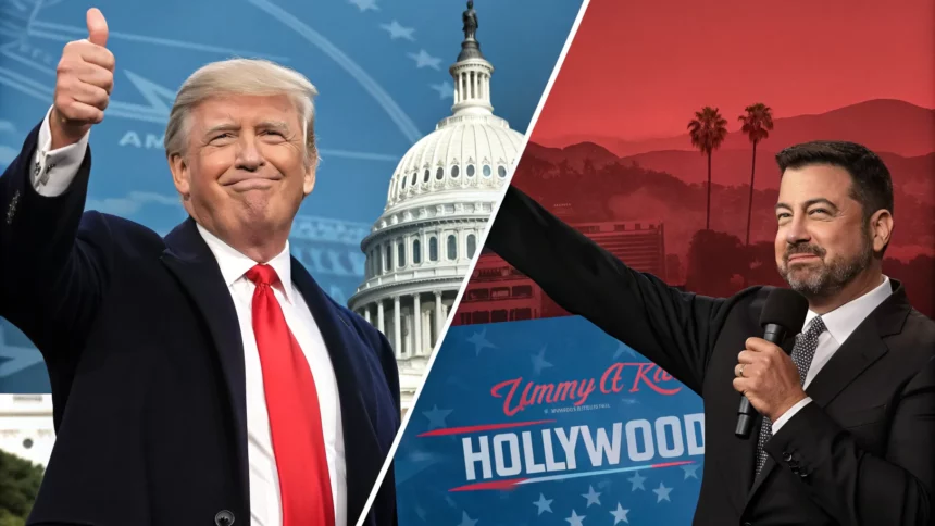 trump praises hollywood defends kimmel